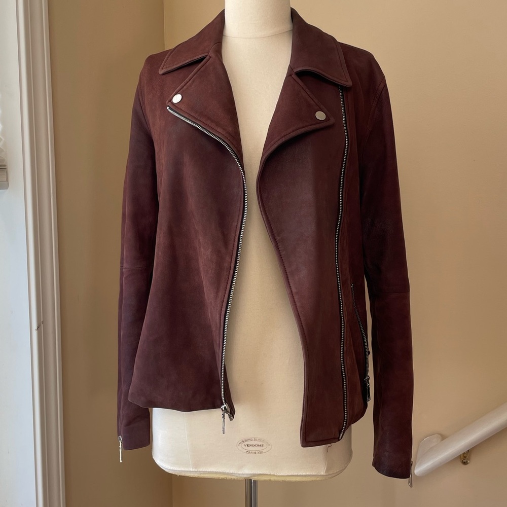 Tahari Maroon Suede Leather Moto Jacket